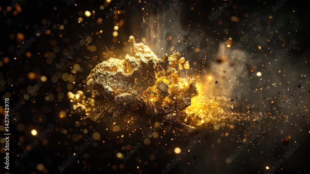 Poster this stunning abstract image features a golden object floating in a dark background, surrounded by s