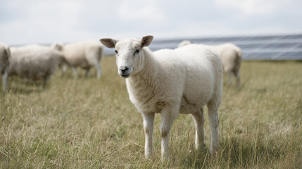 Obraz premium Sheep grazing near solar panels on sunny day