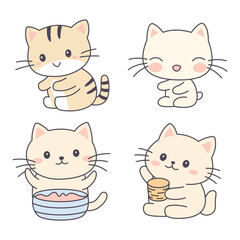 Set of Happy Cute Orange Kitten Little Cat Pet Animal Cartoon Character is Eating and Drinking