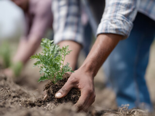 Planting small tree in soil with care and teamwork