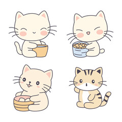 Set of Happy Cute Orange Kitten Little Cat Pet Animal Cartoon Character is Eating and Drinking