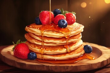 Delicious stack of pancakes topped with fresh berries and syrup