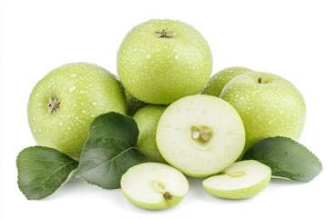 Obraz premium Fresh green apples with leaves and slices