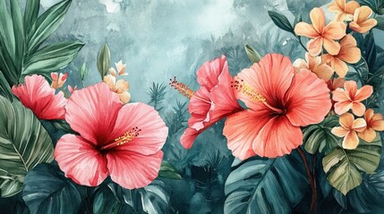 Watercolor depiction of tropical spring floral designs. 