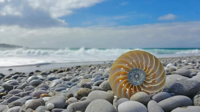 Close-up of nautilus shell half on pebble beach with waves and blue sky in background