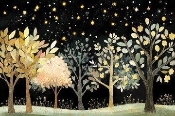 Nighttime forest scene under a starry sky.