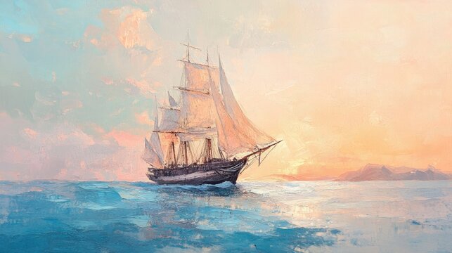 a painting of a pirate ship in the ocean with the sun setting in the background, gothic ship on ocean