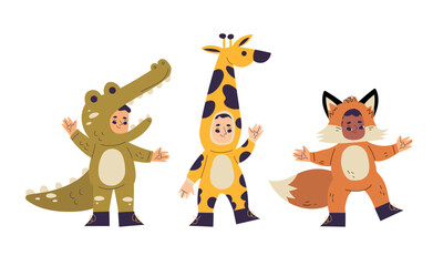 Children in fun animal costumes, like a giraffe, crocodile, and fox, celebrate creativity
