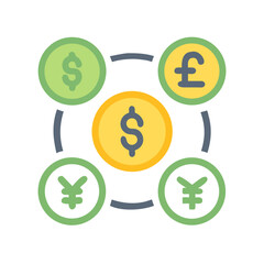 Currency Exchange Icon: Dollar, Pound, and Yen Symbols in a Circle