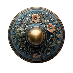 Ornate floral shield vintage decorative round metal art design object on transparent background