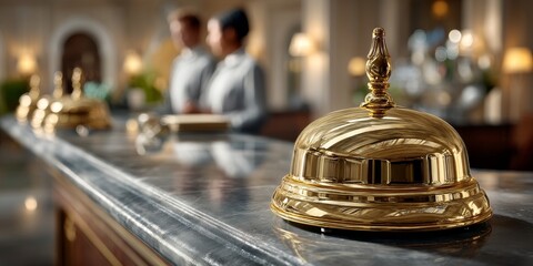 Golden service bell shining on reception desk of luxurious hotel