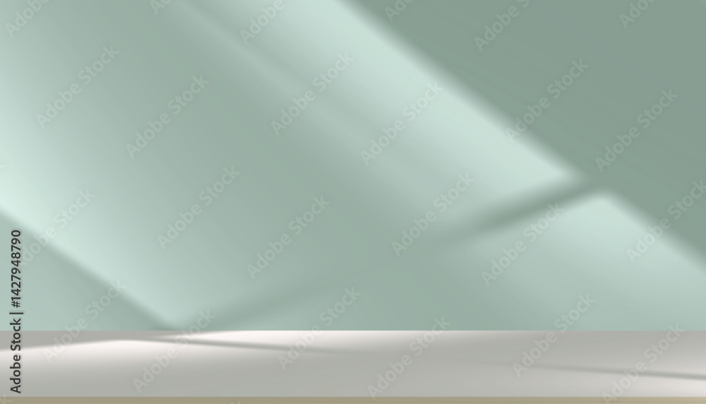 Aufkleber Studio background 3D room for product presentation,Green wall and Brown foor with  empty podium,Template tabletop with shadow,sunlight from the window.Vector countertop in the kitchen