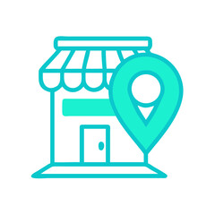 Shop Location Icon: Turquoise Storefront with Location Pin on Black Background
