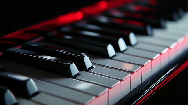 Close-up of piano keys illuminated with red light.