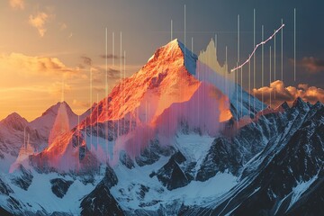 Mountain Peak Growth: A majestic mountain range at sunset, overlaid with a vibrant upward trending graph symbolizing growth, progress, and reaching the summit of success.