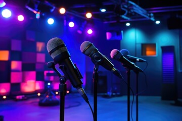 radio hosts discussing trending topics live, vibrant and professional atmosphere, modern microphones, engaging content, soundproof studio, dynamic setup.