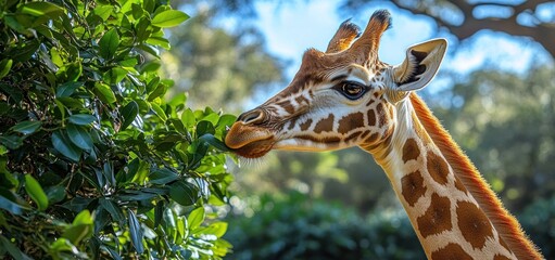 Obraz premium Giraffe Eating Leaves in a Lush Green Setting