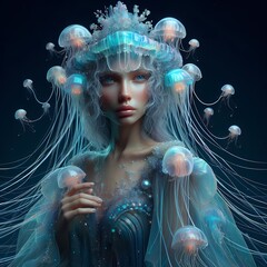 Surreal and enchanting jellyfish-inspired portrait featuring a figure adorned in a translucent, flowing costume. 3D design