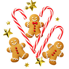 Naklejka premium Gingerbread Cookies Candy Canes and Stars on Transparent Background
