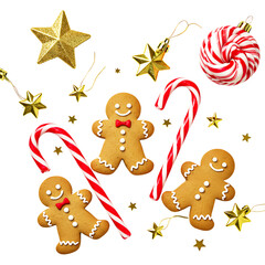 Christmas Holiday Decorations with Gingerbread and Candy Canes on Transparent Background

