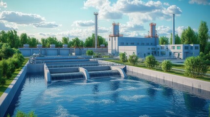 Fototapeta premium Modern water treatment plant with clean water flowing from the facility.