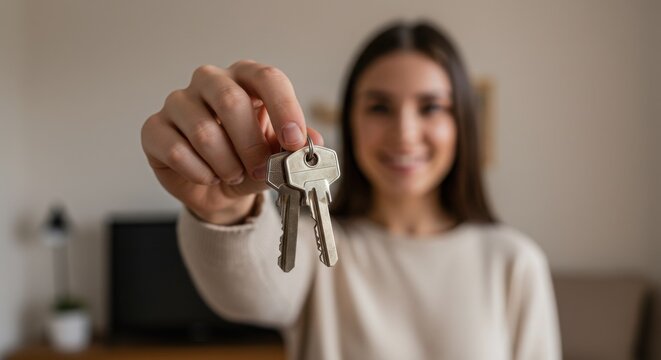 Smiling woman holding keys against a cozy home background  