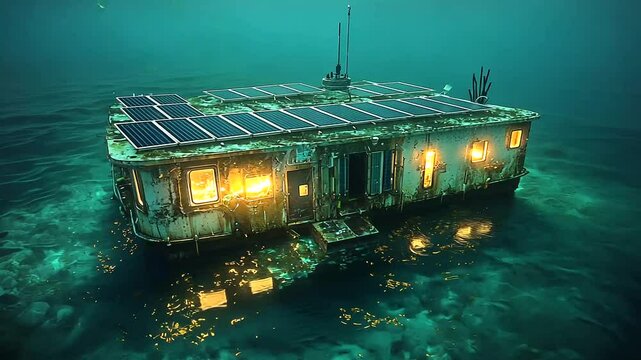 Underwater Solar Home, Ocean Habitat, Night