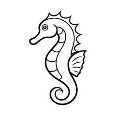 Black and white outline illustration of a cute seahorse perfect for coloring pages and educational resources for kids
