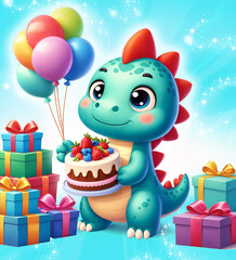 Gift card. Dinosaur with birthday cake and balloons. Birthday celebration. 