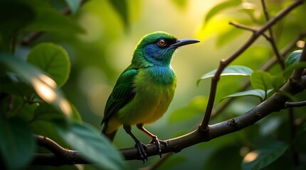 Fototapeta premium Colorful bird perched on branch in lush forest