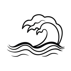 Graphic black and white ocean wave illustration with simple line art style for summer themed designs