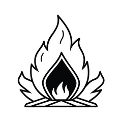 Simple campfire illustration with wood burning vector graphic in black and white