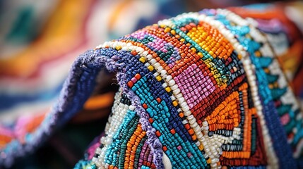 Close-up of vibrant, multicolored beaded textile with intricate patterns.