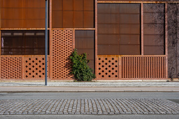 Close-up of warm-toned architectural screen with plants. Urban texture and symmetrical layout form a structured modern composition.