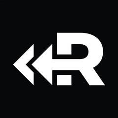 this is a flat logo design of initial R with two arrow heads facing left for rewind logo in white color on a black background