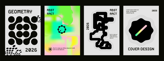 Posters with silhouette minimalistic basic figures, extraordinary graphic assets of geometrical shapes. Modern minimal monochrome print brutalist.