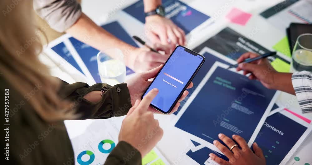 Poster meeting, creative and hands of people with phone for planning, mobile app ui and web design. digital