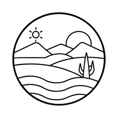 Minimalist desert landscape illustration of sun mountains and cactus in circle frame