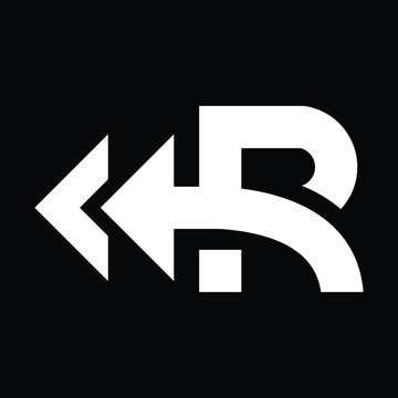 this is a flat logo design of initial R with two arrow heads facing backwards for rewind logo in white color on a black background