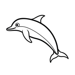 Black and white outline illustration of a dolphin aquatic mammal graphic design element for coloring pages
