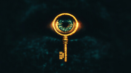 Golden key floats in front of glowing eye, creating mysterious and intriguing atmosphere