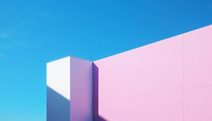 Fototapeta premium Minimalist architecture design with pastel pink and blue geometric buildings against a clear blue sky