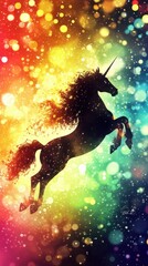 Naklejka premium Black unicorn silhouette leaps amidst vibrant, rainbow-hued lights.