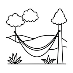 Relaxing hammock in nature simple line art serene landscape illustration vacation getaway outdoors