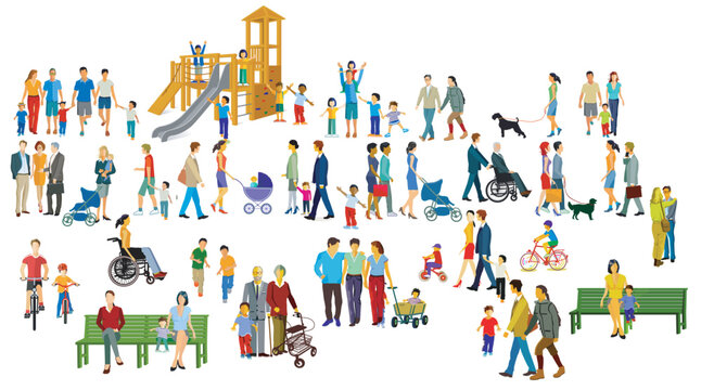 Gro&szlig;e Menschengruppen in der Freizeit mit Eltern und Kindern  Illustration..eps