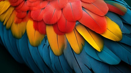Fototapeta premium Close-up of vibrant red, yellow, and blue parrot feathers. (1)