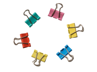 Colorful binder clips, office supplies, vibrant rainbow colors, isolated on white background, top-down view, organized in circular pattern, PNG file isolated on transparent background, cut out, 