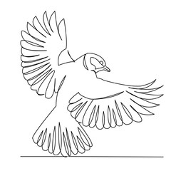 One continuous single drawing line art flat doodle bird, tit, wild, nature, wing, yellow, garden. Isolated image hand draw contour on a white background
