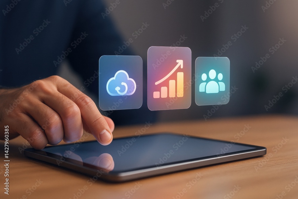 Poster digital data and cloud computing: a close-up shot of a hand interacting with a tablet showcasing a c