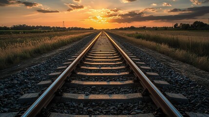 Fototapeta premium Railway tracks leading into a sunset horizon.